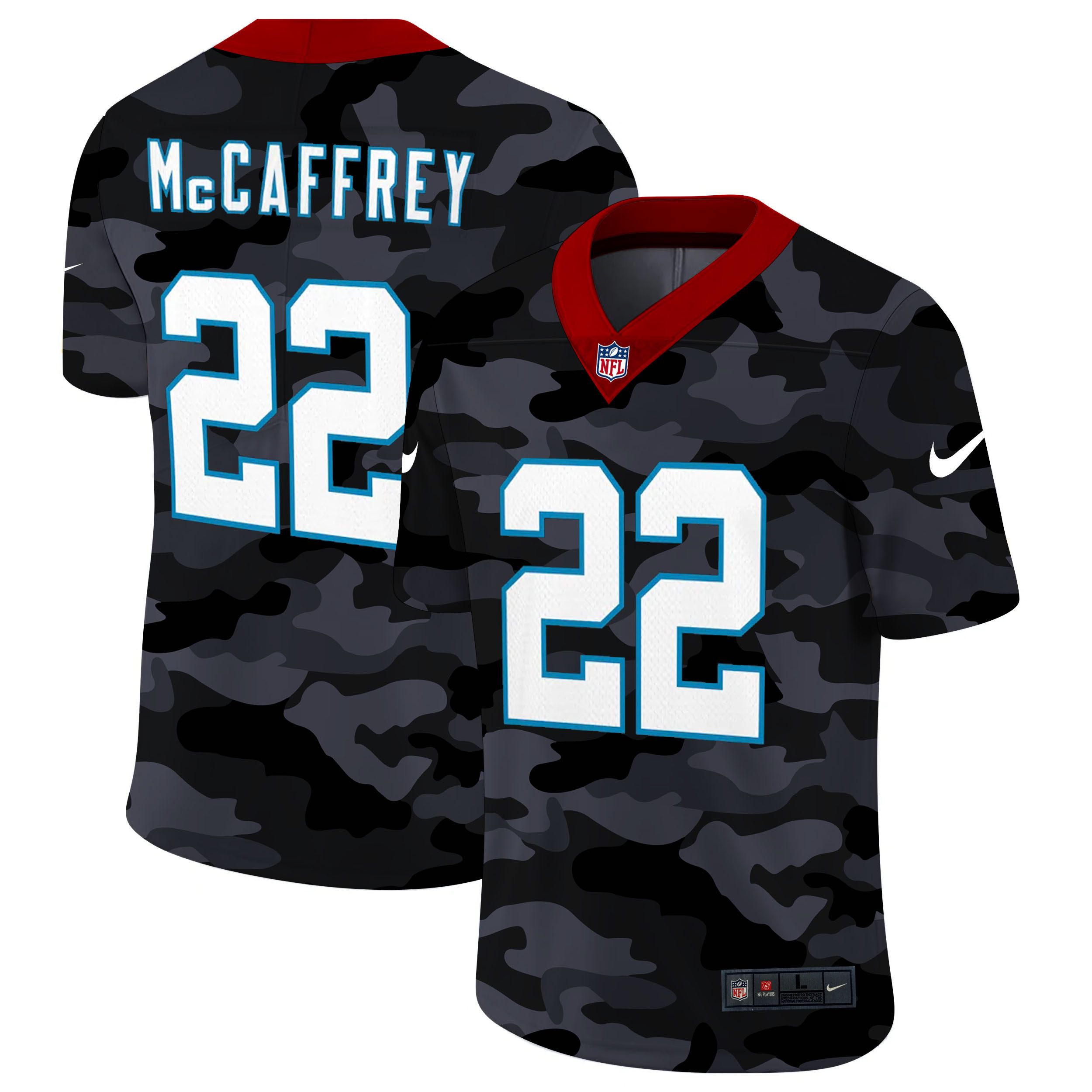 Men Carolina Panthers #22 McCaffrey 2020 Nike Camo Salute to Service Limited NFL Jerseys